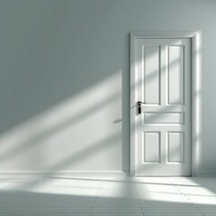 Open door in minimalistic room, soft light streaming in, highlights spaciousness, inviting atmosphere, potential for new beginnings.