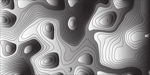 Obraz premium An abstract, grayscale background with three-dimensional, volumetric contour lines that create the illusion of a sculpted, undulating topographic landscape. The lines define raised and recessed areas.