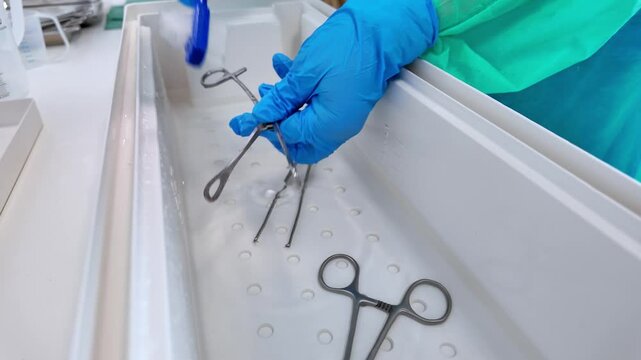 Medical professional gloved hands cleaning surgical instruments with a brush in a sterilization tray, ensuring hygiene and patient safety in healthcare