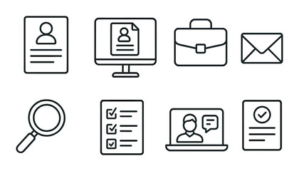 Office tools set. business communication flat icons. resume, computer, briefcase, email vector icons.