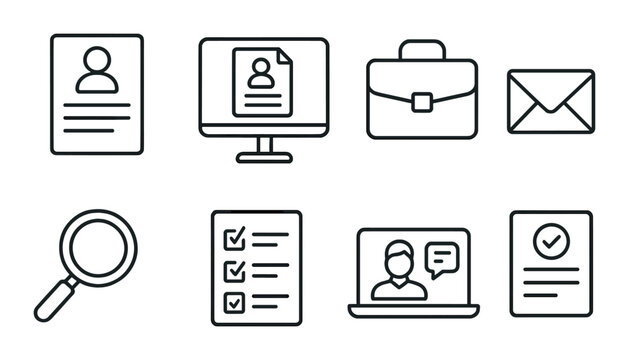 Office tools set. business communication flat icons. resume, computer, briefcase, email vector icons.