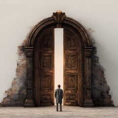 Mystical portal opening, person standing before ancient ornate doors, evoking curiosity and adventure, room for inspiring text