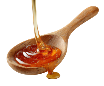 Pouring golden honey from a wooden spoon kitchen food view isolated on transparent background