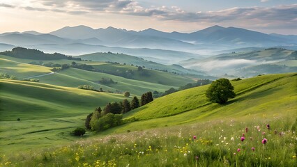  Rolling hills leading to distant mountains
