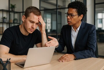 Fototapeta premium man seeking help from a consultant as he struggles with stress while working on a laptop in a modern office environment during a difficult business situation