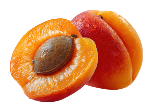 Juicy apricot halves fresh produce market food bright environment perspective isolated on transparent background