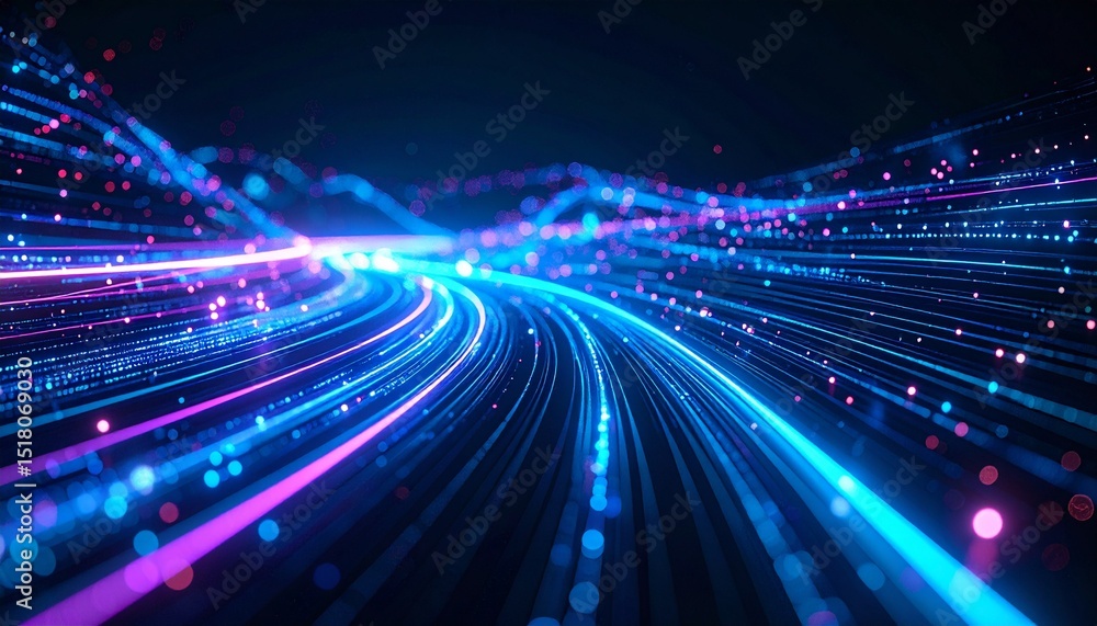 Poster vibrant abstract representation of data streams, with flowing light trails