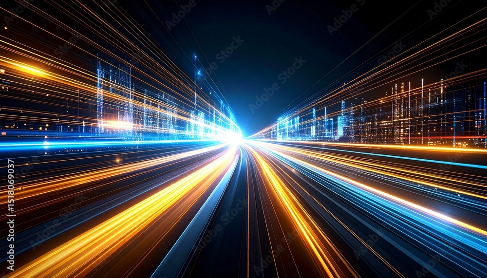 Poster an abstract visual representation of technology with streaks of light streaming forward