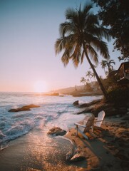 Naklejka premium Affordable Summer Vacation Ideas. Peaceful beach scene with palm tree and two wooden chairs at sunset, ocean shore background, concept of tropical relaxation.