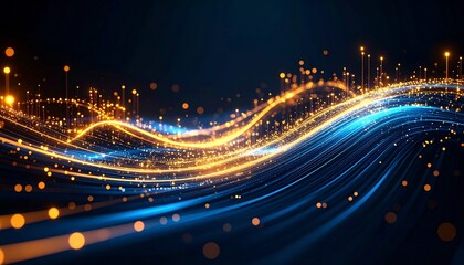 Fototapeta premium Abstract digital wavy lines in shades of blue and orange, symbolizing interconnectedness and technology. Glowing particles and a dark backdrop accentuate the dynamic and modern design