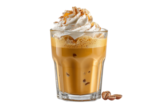 PNG Iced caramel latte with whipped cream and coffee beans - Powered by Adobe