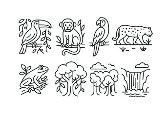 Jungle animal set. wildlife linear collection. toucan, monkey, parrot, jaguar, frog vector icons.