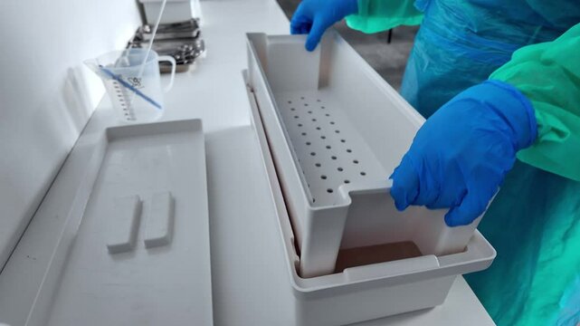 Dedicated healthcare worker in blue gloves precisely handling a medical sterilization tray, ensuring thorough instrument hygiene and professional laboratory safety standards