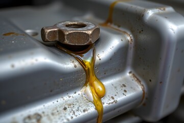 Oil Leakage Close-Up: A detailed shot highlights an oil leak emanating from a bolt on a metallic surface, signifying maintenance issues and potential mechanical problems.
