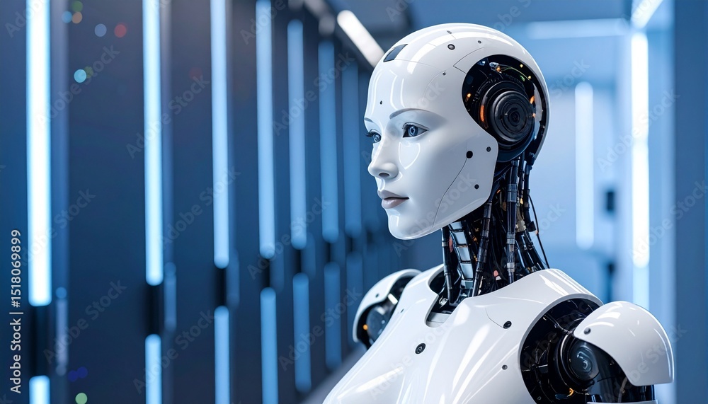 Poster a futuristic robot with a thoughtful expression looks towards the light, embodying artificial intell