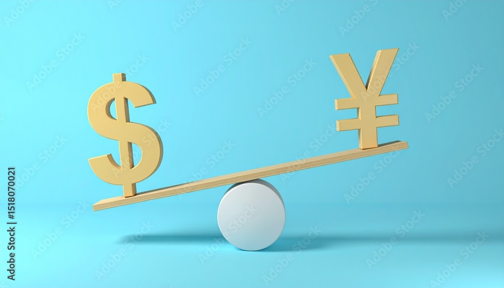 Poster the balance of dollar and yen on a scale, showcasing currency exchange and financial concepts. the s