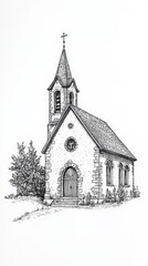 Stippling / Pointillist Shading, minimal, no background, a church, white background