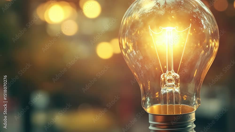 Poster glowing filament light bulb in focus, blurred background of lights and bokeh effect.