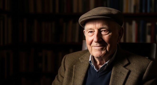 Portrait of elderly man in tweed jacket and cap with bookshelf background looking at camera with smile - Powered by Adobe
