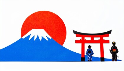 Japanese landscape with Mount Fuji, a red sun, torii gate, and two figures in traditional clothing.