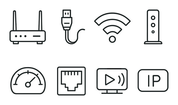 Network device set. internet connection silhouette router, wi-fi, cable, modem vector icons.