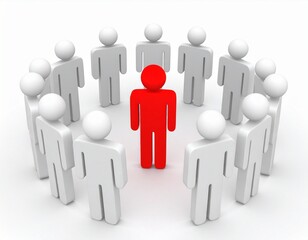 An individual stands out from the group, symbolizing leadership and uniqueness. The red figure surrounded by gray figures signifies the importance of individuality
