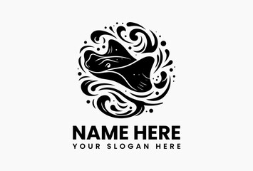 Elegant tribal manta ray vector logo with swirling waves and dotted patterns in monochrome style  