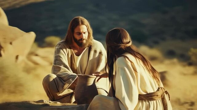 Man, Jesus Christ, and woman, Samaritan, talking near a well with a water pot. Biblical scene, gospel story, Christian concept footage.