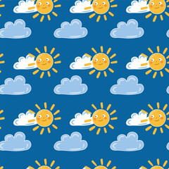 Sun character among clouds, seamless pattern in doodle style, hand-drawn illustration, perfect for children’s joyful projects, concepts of morning, time of day, weather, summer, vacation and good mood