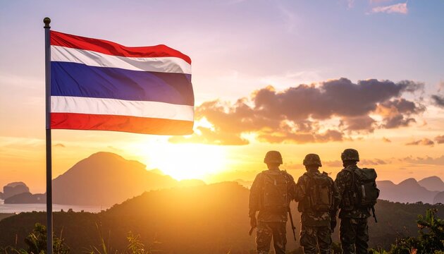 Silhouette of soldiers in uniform standing proudly in front of the Thai flag, during a sunset