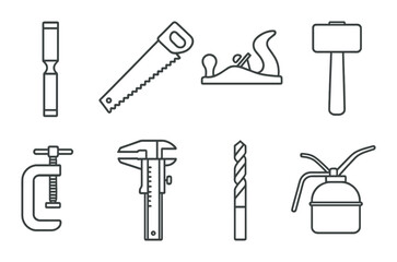 Obraz premium Carpenter tools set. woodworking linear icons. chisel, saw, plane, hammer vector icons.