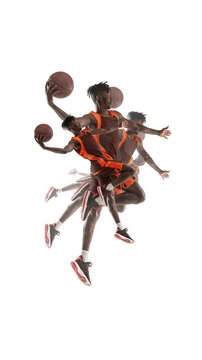 Loop animation. African-American man, basketball player in jersey jumps to dunk, and score goal. Stroboscope effect shows development of movement. Concept of sport in motion, competition, training