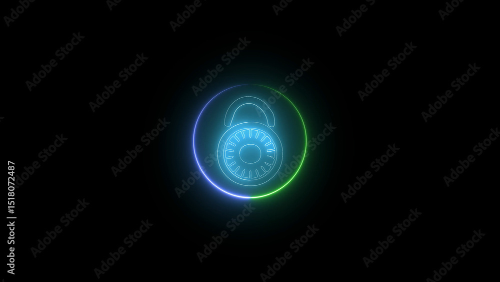 Poster neon lock icon with circular border on black background for security concepts