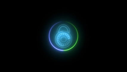 Neon Lock Icon with Circular Border on Black Background for Security Concepts