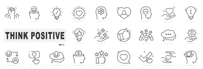 Set of positive thinking related line icons. Optimism, brain, thought, happiness etc. Editable stroke. Set 3