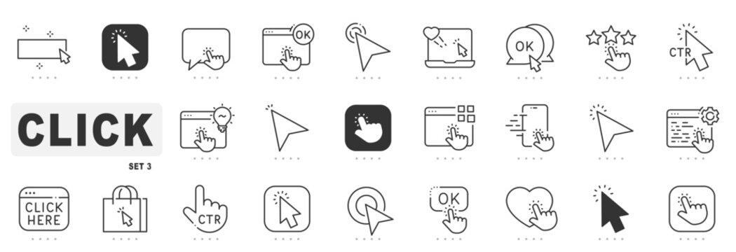 Set of click related line icons. Cursor, pointer, arrow etc. Editable stroke. Set 3