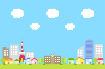 Obraz premium 青空 雲 市街地 背景 イラスト