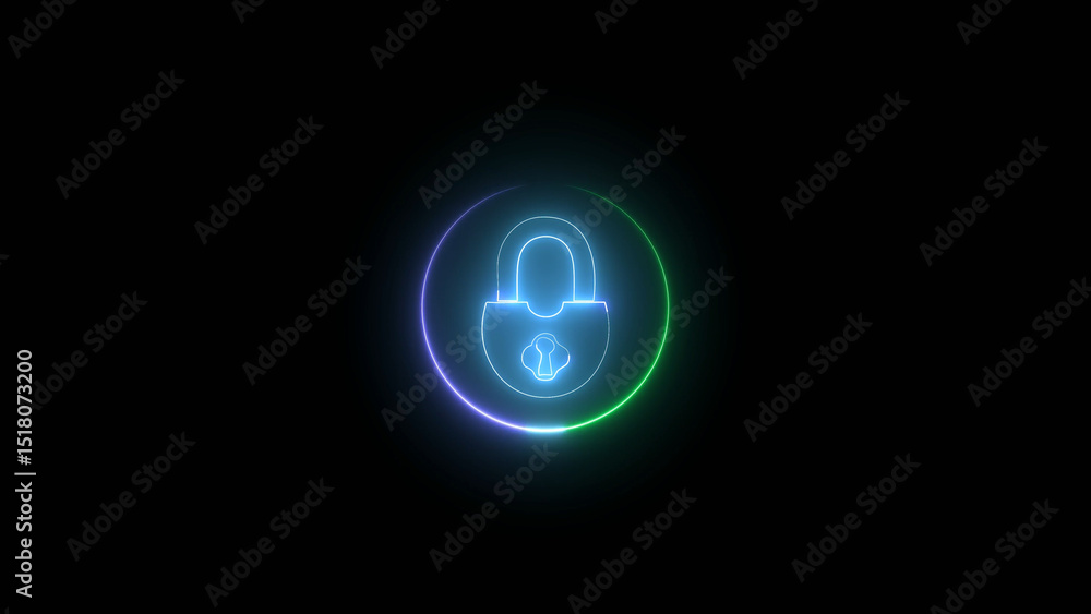 Poster glowing neon padlock icon with circular border on black background for cyber security concepts