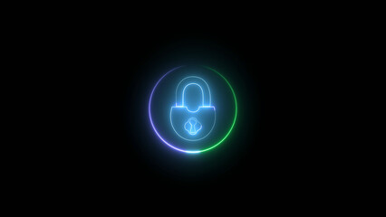 Glowing Neon Padlock Icon with Circular Border on Black Background for Cyber Security Concepts