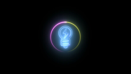 Fototapeta premium Glowing Lightbulb with Lightning Bolt in a Colorful Neon Circle on Black