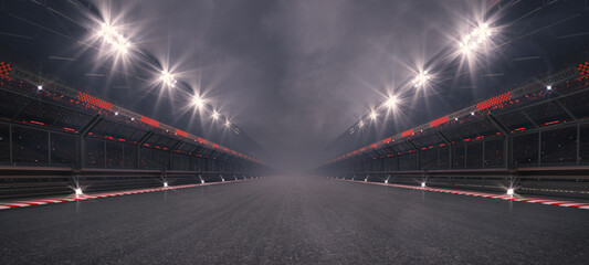 Naklejka na ściany i meble Empty racing track and glowing floodlights illuminated sport stadium at night. Professional 3D illustration for racing sports advertising.