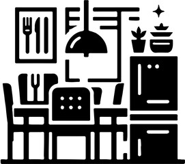 minimal kitchen and dining room illustration with table, chairs, lamp, plant, cabinets, and cutlery wall art