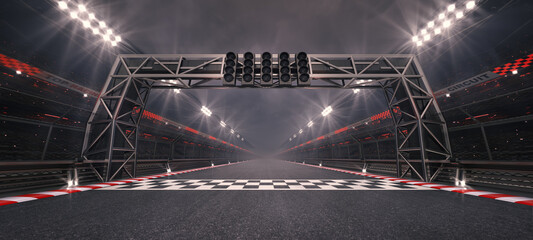 Racing track and checked finish line with steel gate and glowing floodlights illuminated sport stadium at night. Professional 3D illustration for racing sports advertising.