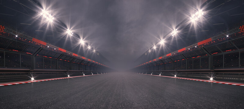 Fototapeta Empty racing track and glowing floodlights illuminated sport stadium at night. Professional 3D illustration for racing sports advertising.