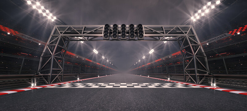 Racing track and checked finish line with steel gate and glowing floodlights illuminated sport stadium at night. Professional 3D illustration for racing sports advertising. - Powered by Adobe