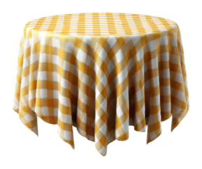 Picnic table with yellow checkered cloth table sunny environment top view isolated on transparent background