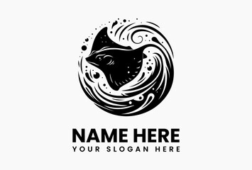 Monochromatic tribal art vector logo of a swimming manta ray with intricate dot patterns and ocean waves  