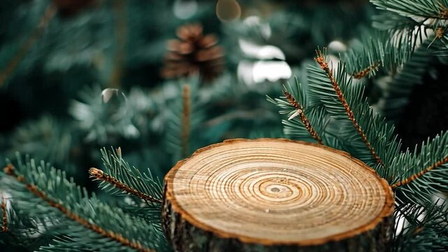 A tree slice nestled amongst pine branches