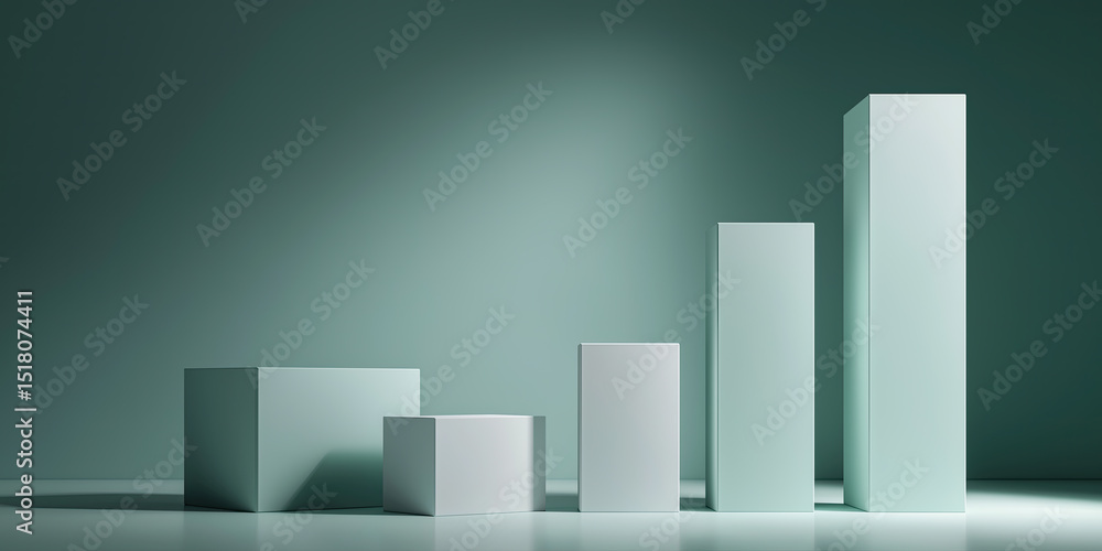 Poster green-tinted geometric bars display ascending statistical progression in minimalist three-dimensiona
