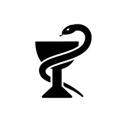 Black Bowl of Hygeia vector icon. Symbol of pharmacology or pharmacy. Snake with bowl